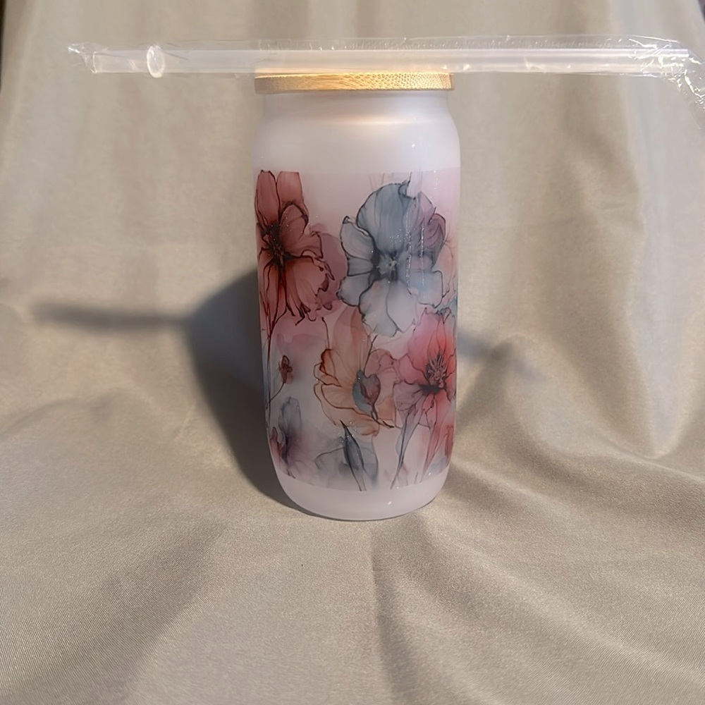 Watercolor flowered glass beer can